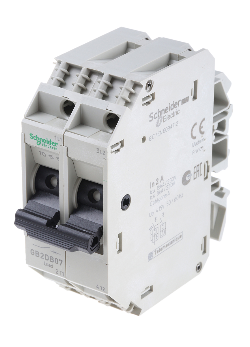 Schneider Electric 2A 2P Pole Thermal Magnetic Circuit Breaker, 277 V ac, 415 V ac GB2