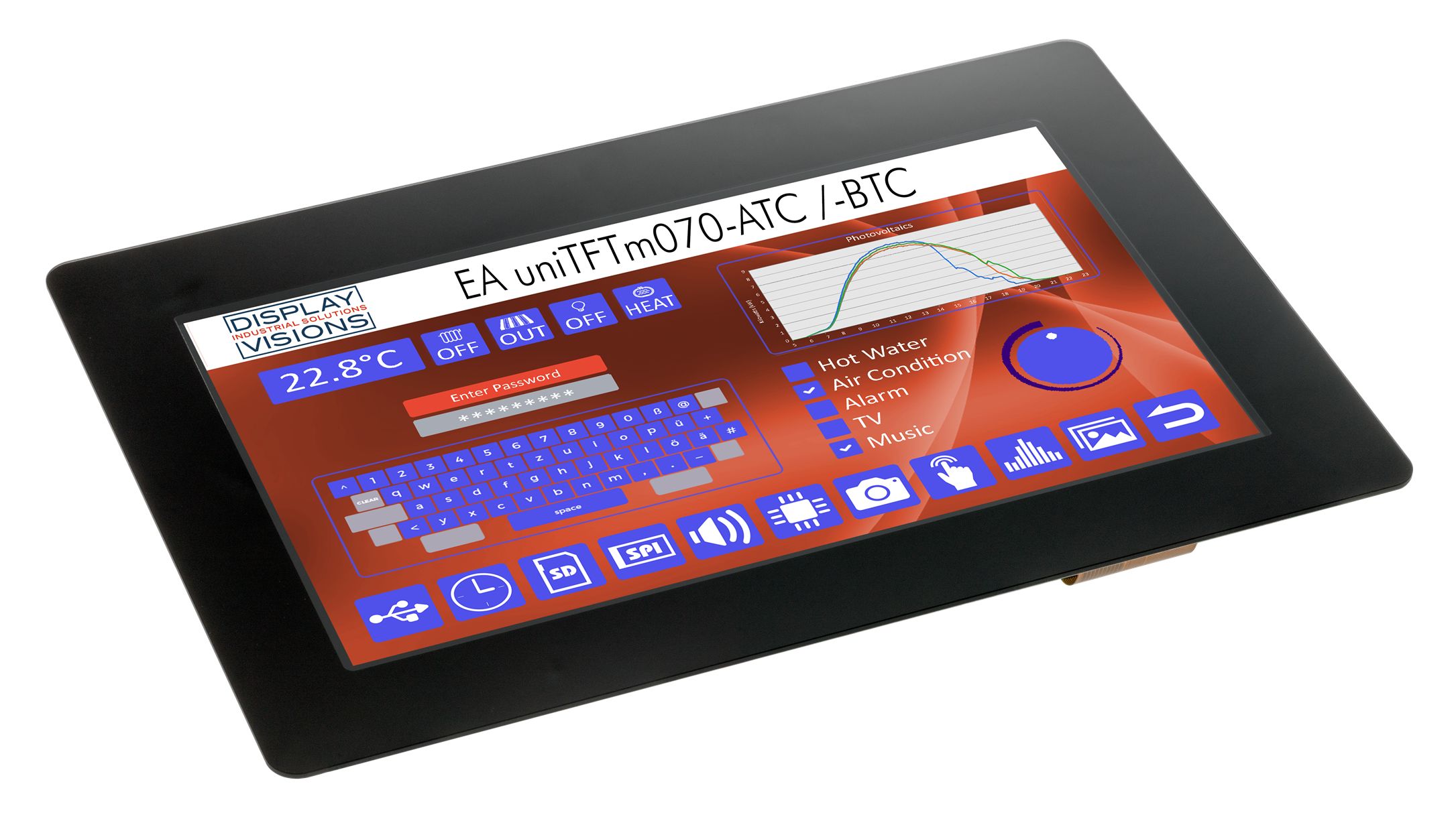 Display Visions EA UNITFTM070-ATC LCD Colour Display Touch Screen, 7 in, 1024 x 600 pixel