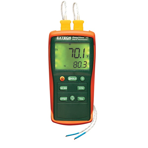 Extech EA10 Handheld Thermometer, K Probe, 2 Input(s), 1370 °C Max, ±0.3 % Accuracy
