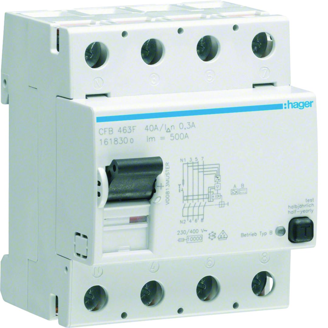 Hager CFB RCCB, 63A, 4 Pole, 300mA, Type B, 230 → 400V ac