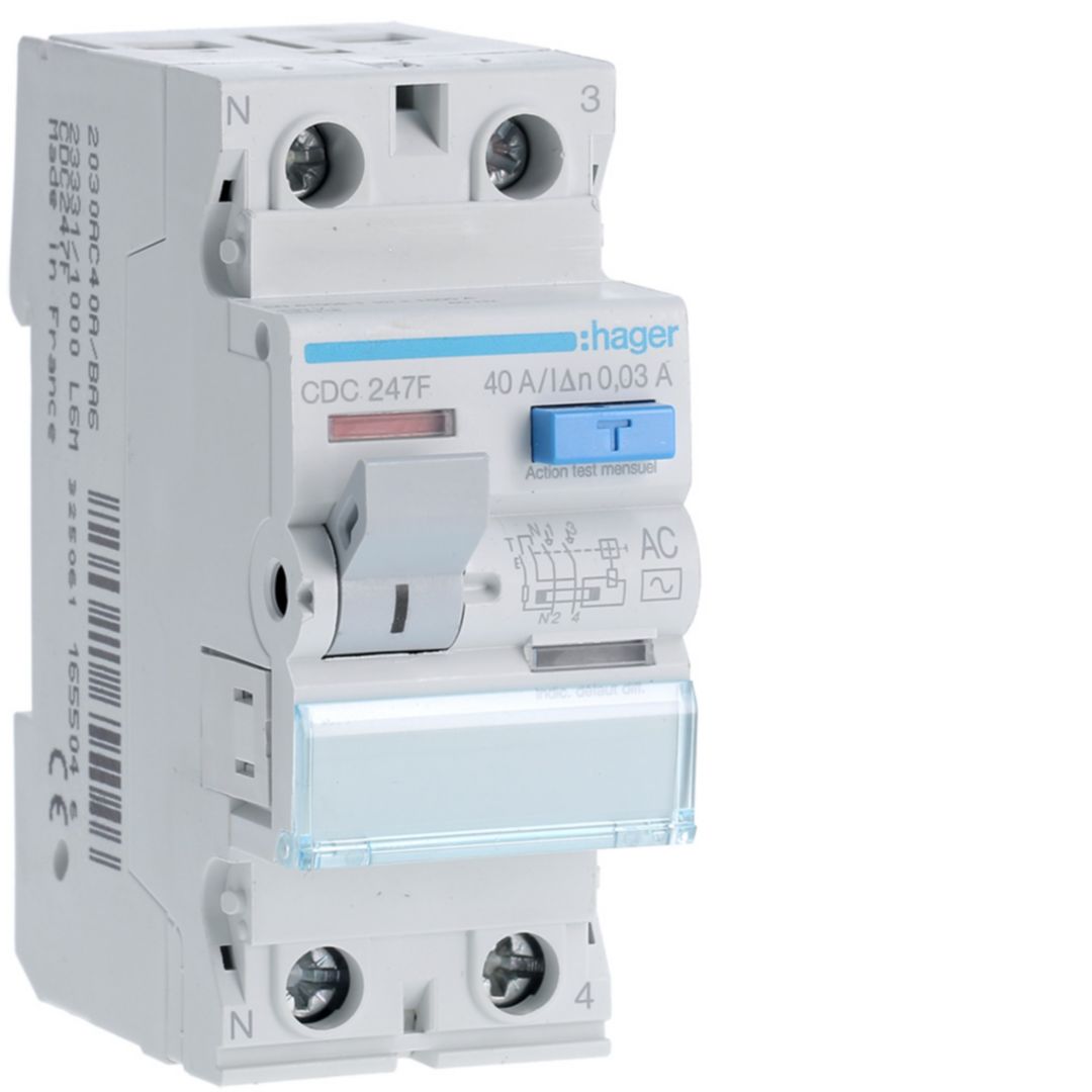 Hager CDC RCCB, 40A, 2 Pole, 30mA, Type AC, 127 → 230V ac