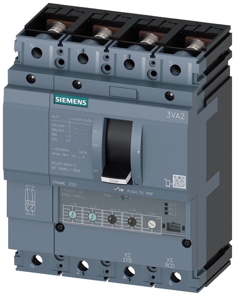 Siemens, SENTRON Circuit breaker 4P 250A, DIN Rail Mount