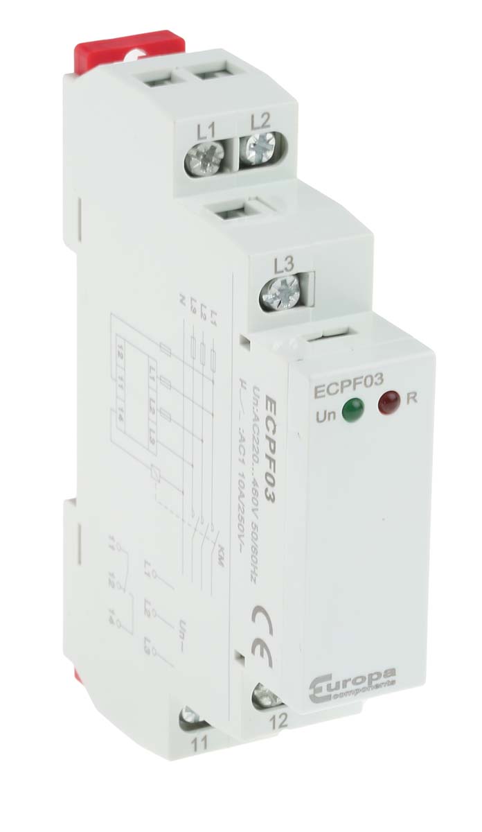 ecpf03 Relpol Monitoring Relay, 3 Phase, 176/552 V ac Monitor Range, SPDT, DIN Rail, 220V ac, 460 V ac 24 V dc