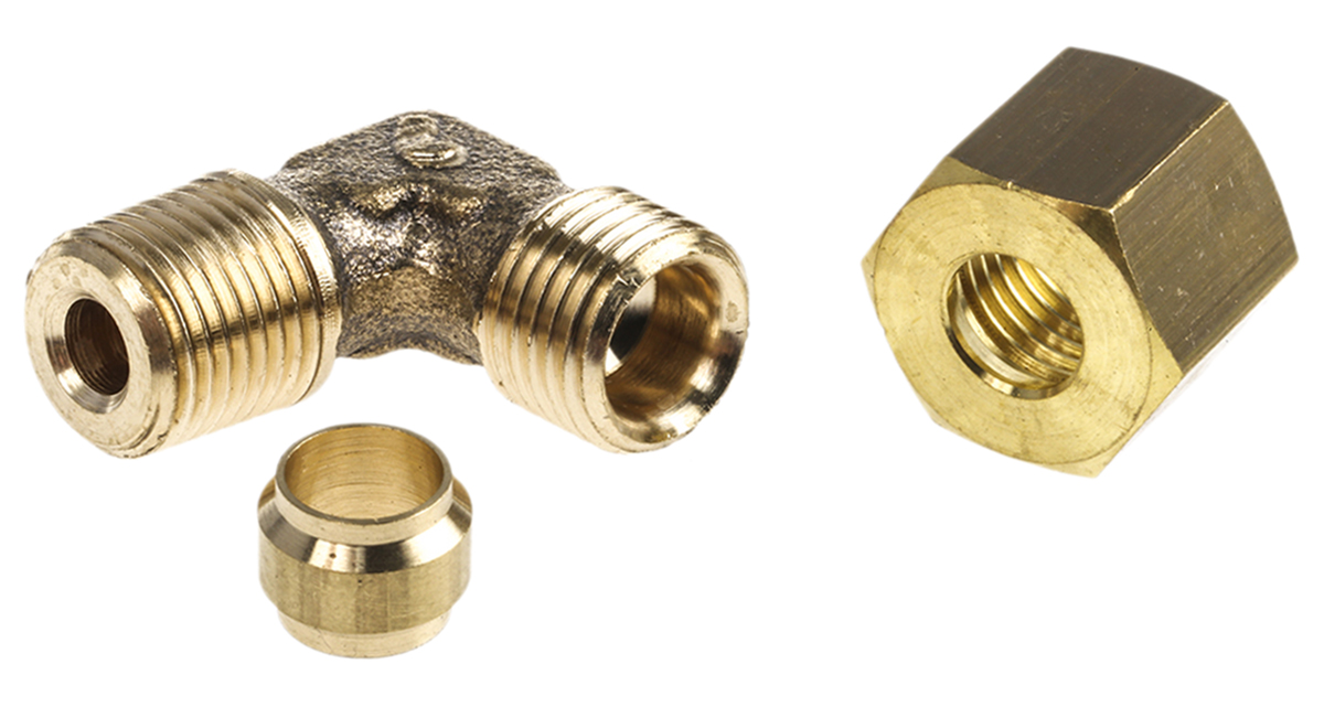 Legris Brass Pipe Fitting, 90° Compression Elbow, Male R 1/8in to Female 6mm