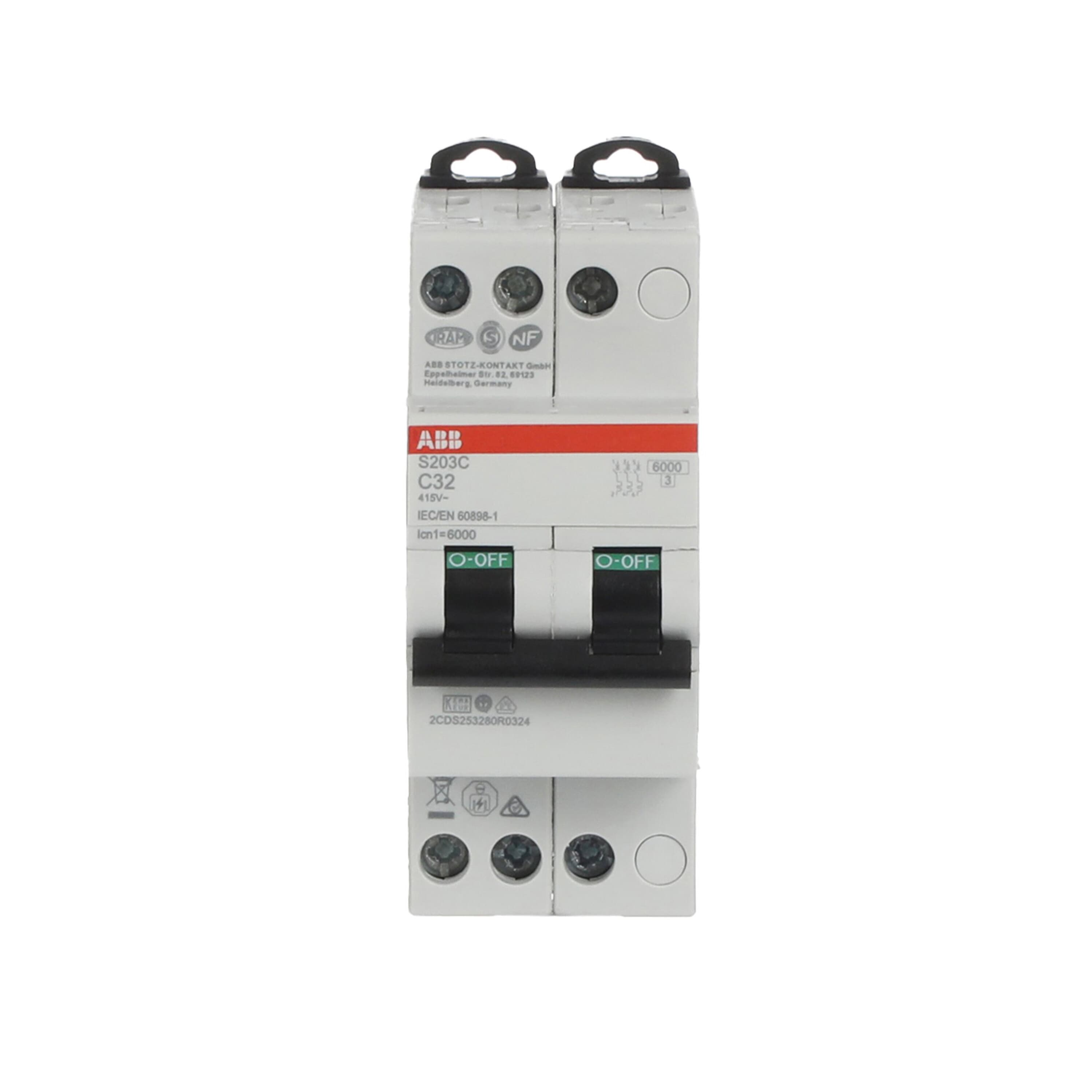 ABB S200C MCB, 3P, 32A Curve C, 415V AC, 6 kA Breaking Capacity