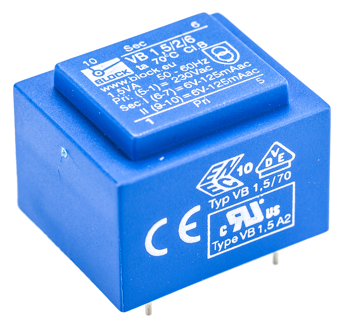 Block 6V ac 2 Output Through Hole PCB Transformer, 1.5VA