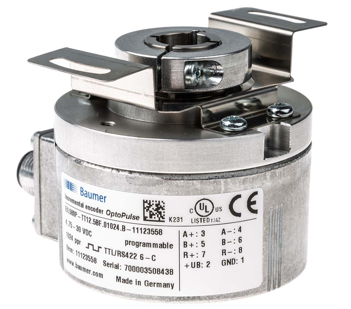Baumer EIL580P Series Optical Incremental Encoder 30V dc, 65536 ppr ppr, TTL/HTL Signal, Hollow Type, 12 mm Shaft