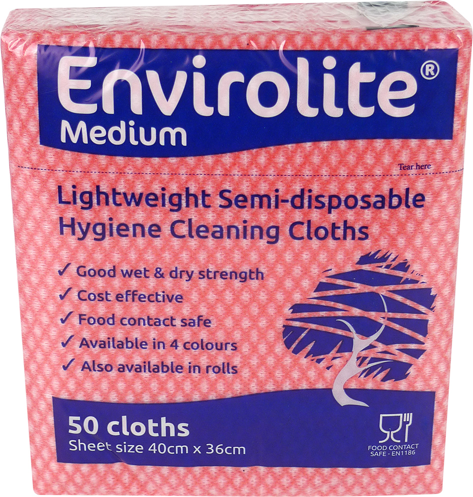 EcoTech Envirolite Red Cloths for Cleaning, Dry/Wet Use, Roll of 500 Per Pack, 40 x 36 cm, Single Use