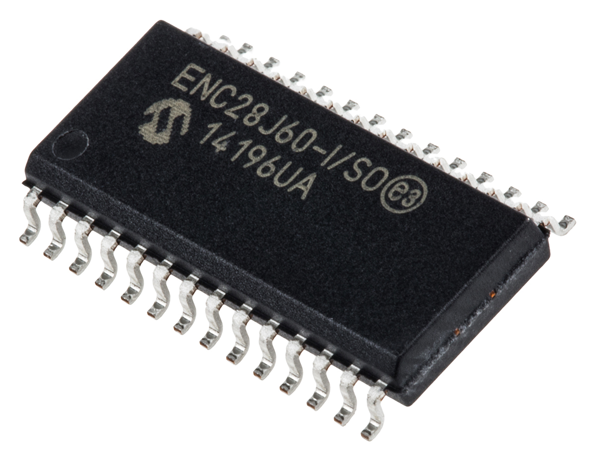 Microchip ENC28J60-I/SO, Ethernet Controller, 3.3 V Serial-SPI, 28-Pin 3.6V SOIC