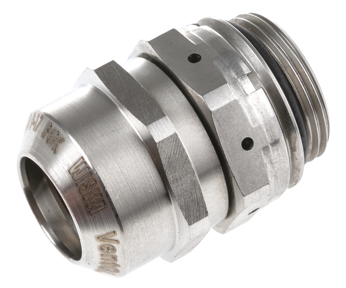 WISKA VentGLAND Series Metallic Stainless Steel Cable Gland, M25 Thread, 9 mm min., 17 mm max., IP68, IP69K