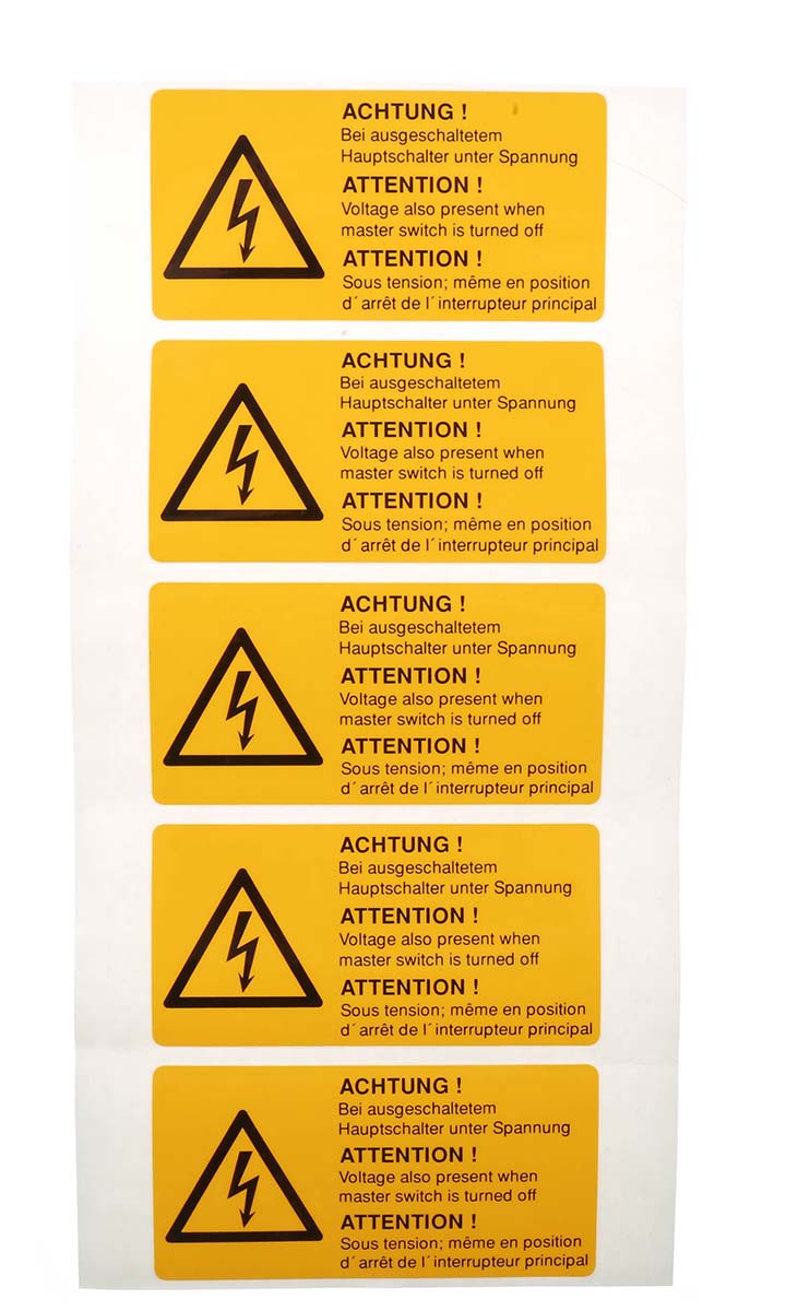 Idento Black Polyvinyl Chloride Safety Label ATTENTION! Sous tension, ACHTUNG! Bei ausgeschaltetem Hauptschalter unter