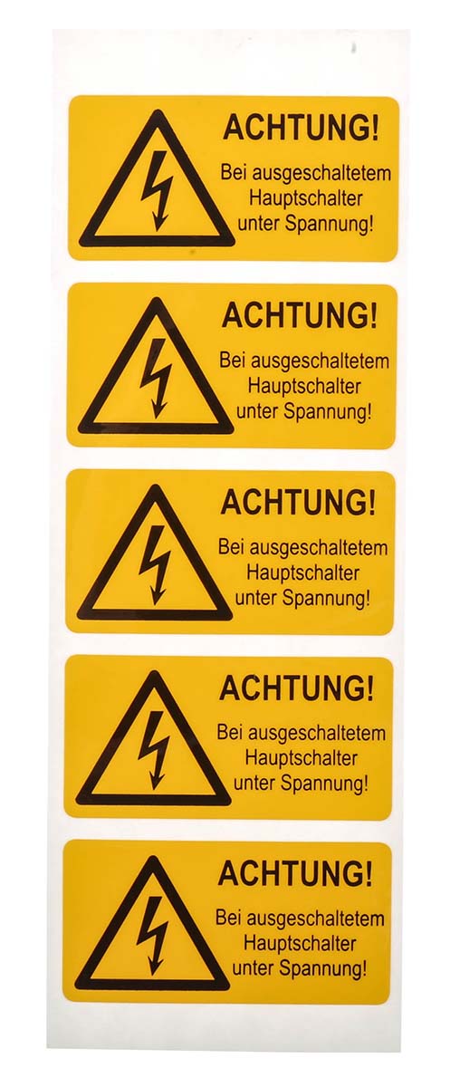Idento Yellow Polyvinyl Chloride Safety Label ACHTUNG! Bei ausgeschaltetem Hauptschalter unter Spannung Text
