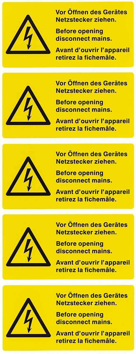 essw50105 Idento Yellow Polyvinyl Chloride Safety Label Vor Öffnen des Gerätes Netzstecker ziehen. Before opening disconnect