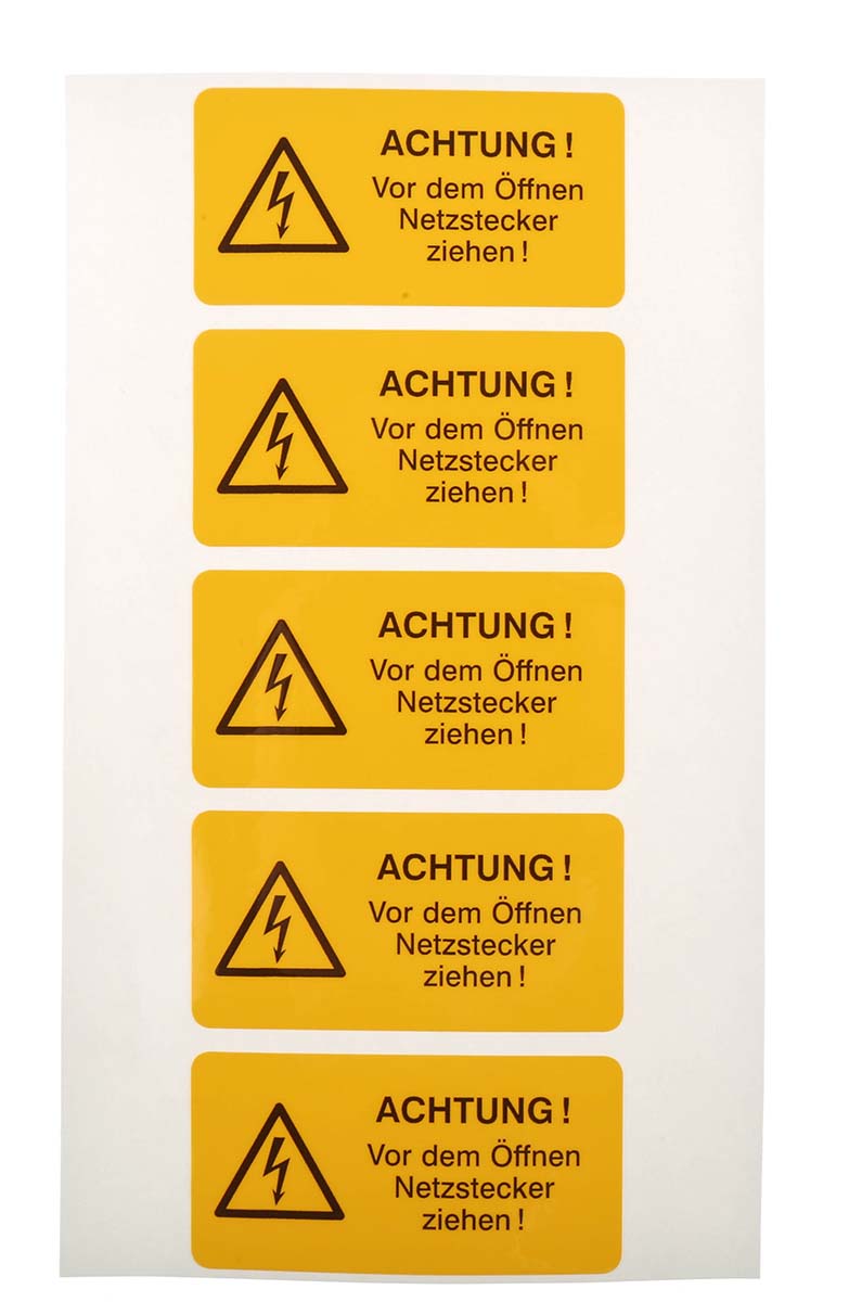 Idento Yellow Polyvinyl Chloride Safety Label ACHTUNG! Vor dem Öffnen Netzstecker ziehen! Text