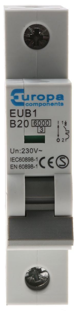 Europa EUB1 EUB1 Miniature Circuit Breaker, 1-Pole, 20A, Type B, 240V ac AC, 6 kA Breaking Capacity