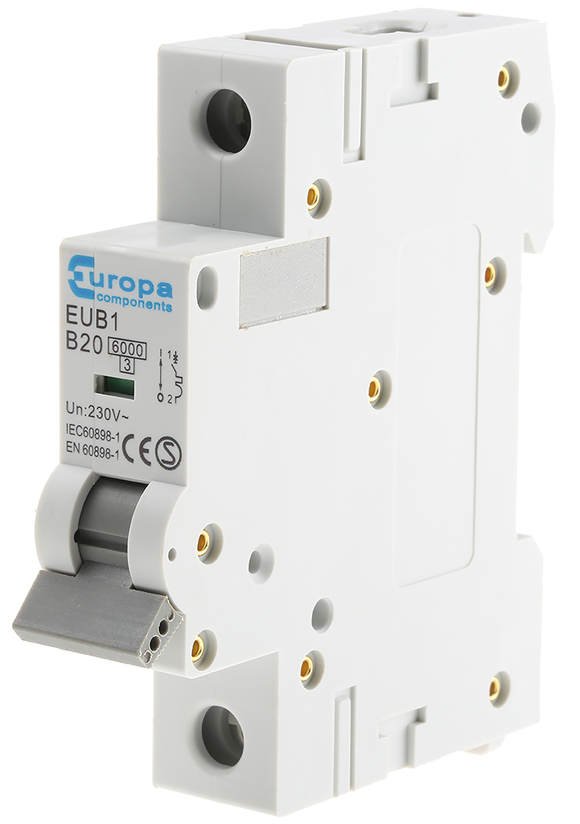 eub120b Europa EUB1 EUB1 Miniature Circuit Breaker, 1-Pole, 20A, Type B, 240V ac AC, 6 kA Breaking Capacity