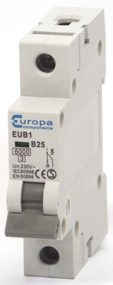 Europa EUB1 EUB1 Miniature Circuit Breaker, 1-Pole, 25A, Type B, 240V ac AC, 6 kA Breaking Capacity