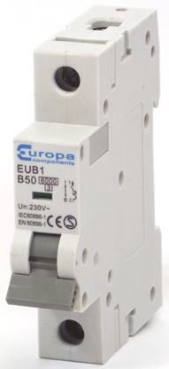 Europa EUB1 EUB1 Miniature Circuit Breaker, 1-Pole, 50A, Type B, 240V ac AC, 6 kA Breaking Capacity