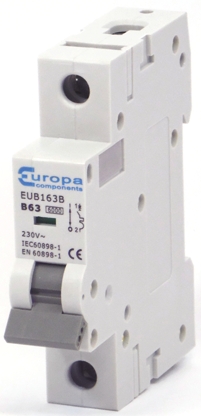 Europa EUB1 EUB1 Miniature Circuit Breaker, 1-Pole, 63A, Type B, 240V ac AC, 6 kA Breaking Capacity