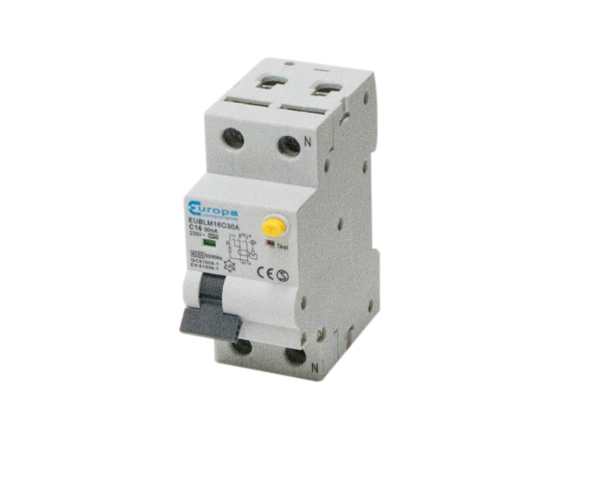 Europa Residual Current Circuit Breaker with Overload Protection, 16A Current Rating, 2-Pole, 30 mA Trip Sensitivity,