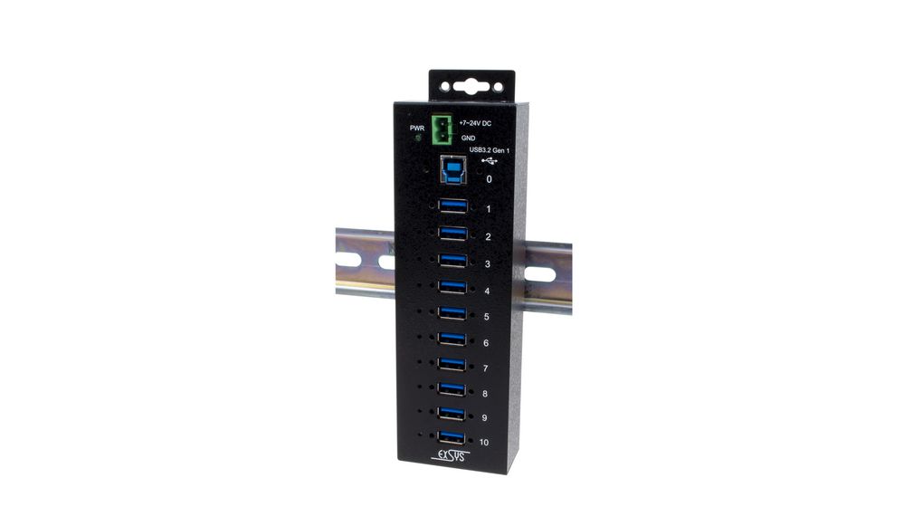 Exsys 10 Port USB 3.2 USB Hub, Terminal Connector Powered, 55 mm 198 mm 30.8mm