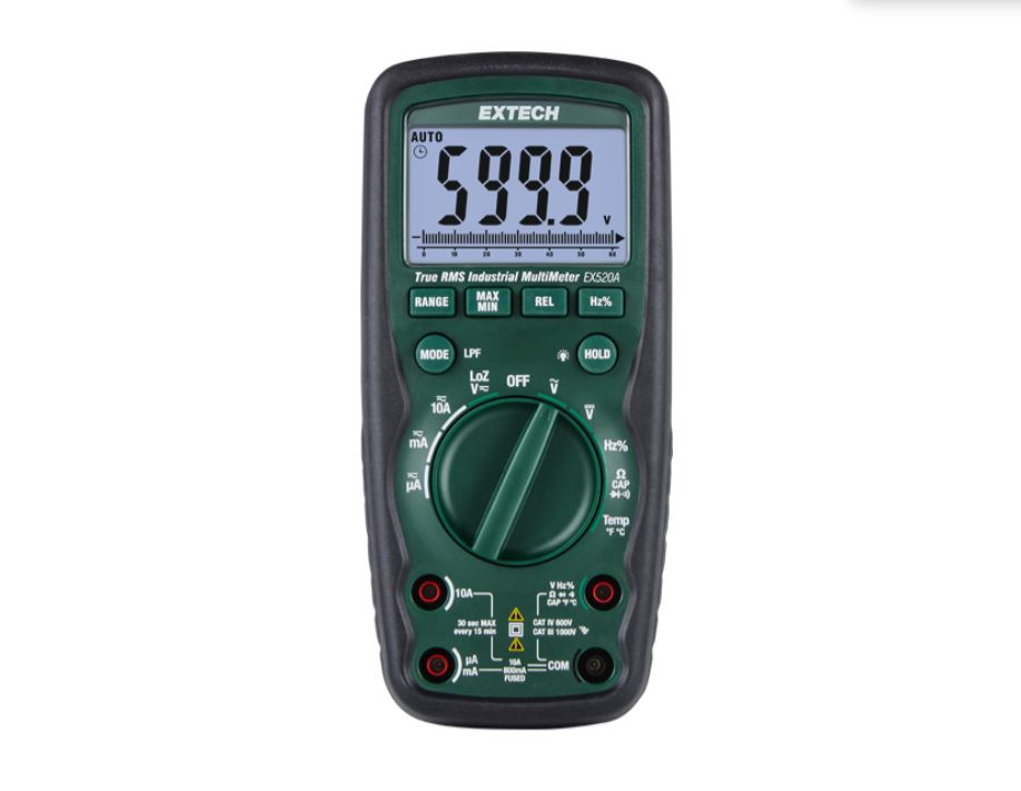 Extech EX520A Handheld LCD Multimeter True RMS, 10 A ac, 10 A dc, 1 kV ac - RSCAL Calibrated