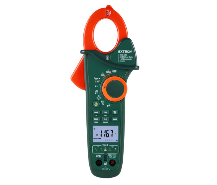Extech EX623A Clamp Meter, 600 A dc 600 A ac 600 V dc 600 V ac CAT III Non-Contact Voltage Detector