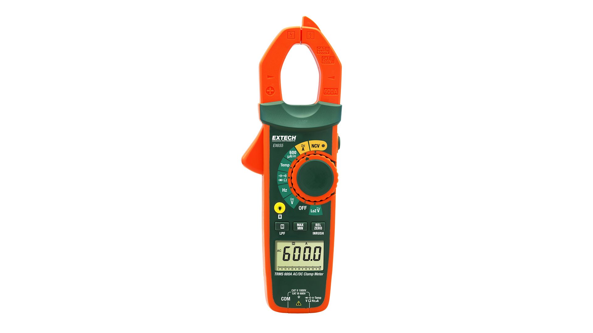 Extech EX655 Clamp Meter, 600 A dc 600 A ac 1000 V dc 750 V ac Frame Profile, CAT III 600 V Non-Contact Voltage Detector