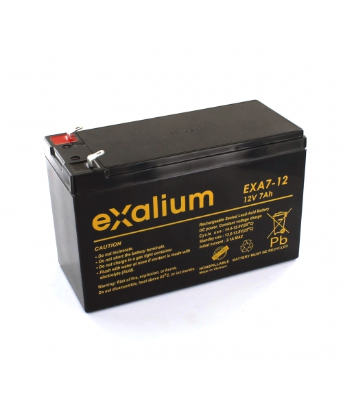 Exalium 12 V, Faston F1 Lead Acid Battery, 7 Ah, 65mm x 102 mm x 151 mm