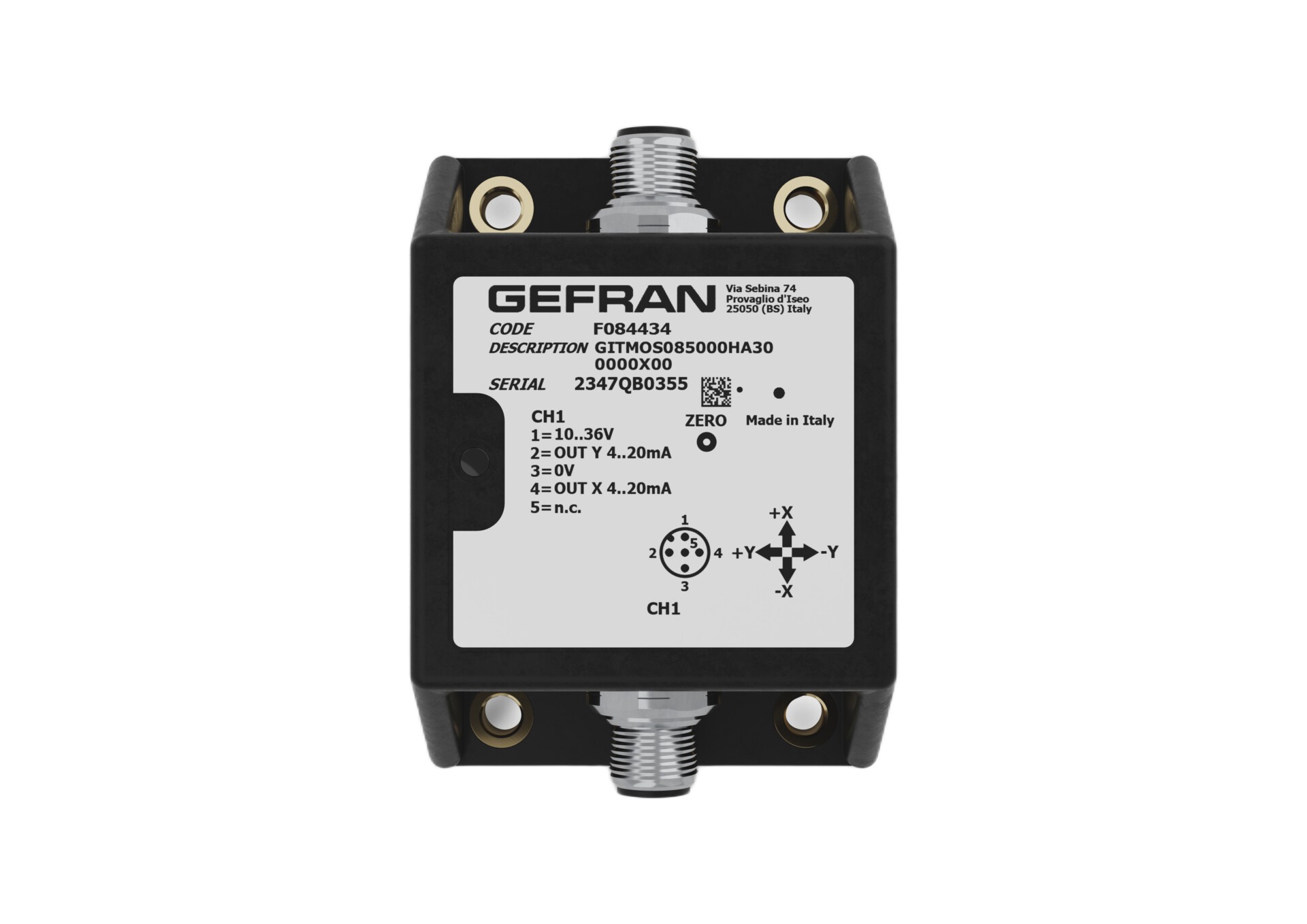 Gefran F084112/ GITMOS010000HA20 L000Y00 2 Axis Inclinometer, IP67, IPx9K, 0 to 10 V
