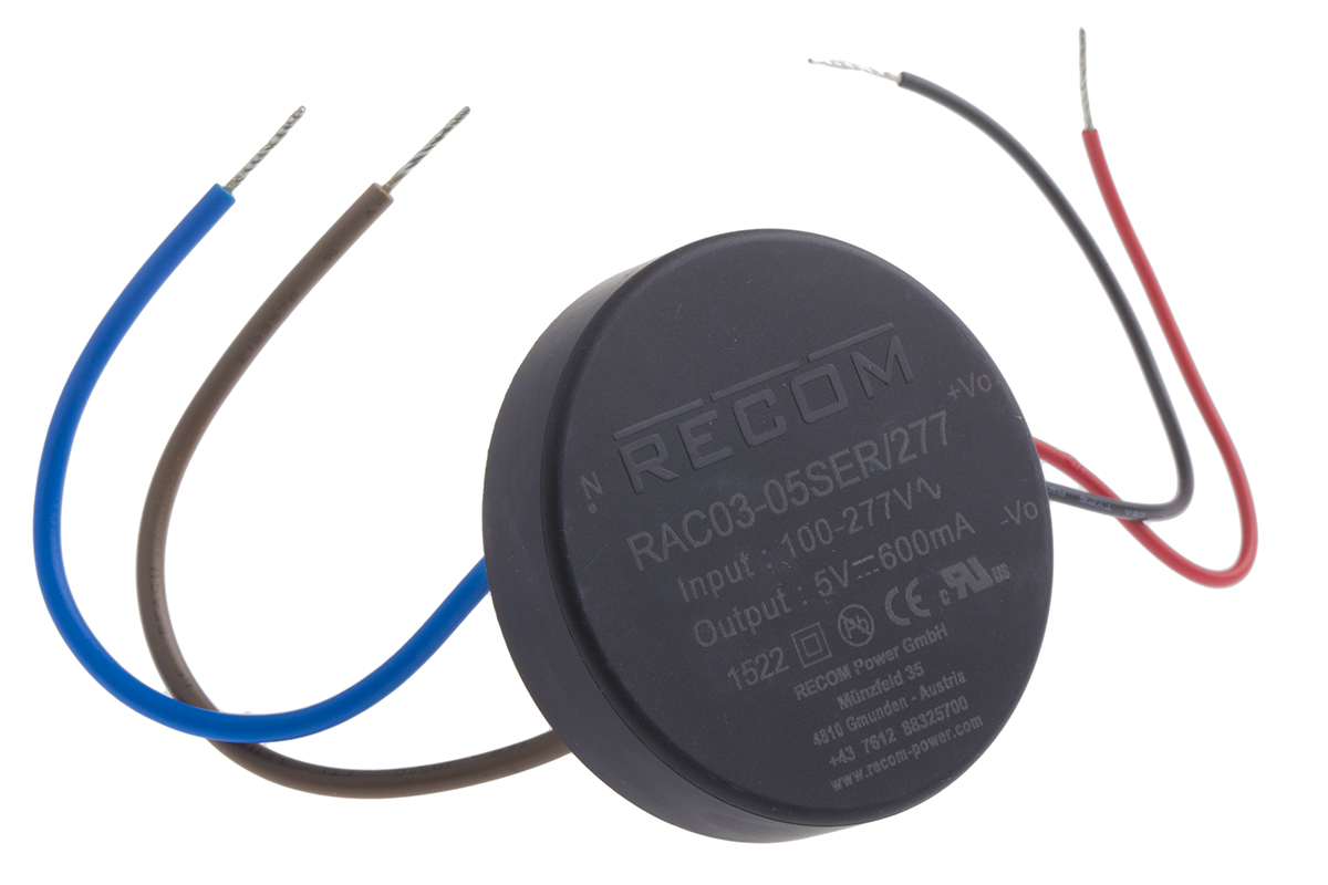 Recom Switching Power Supply, RAC03-05SER/277, 5V dc, 600mA, 3W, 1 Output, 120 → 430 V dc, 85 → 305 V ac