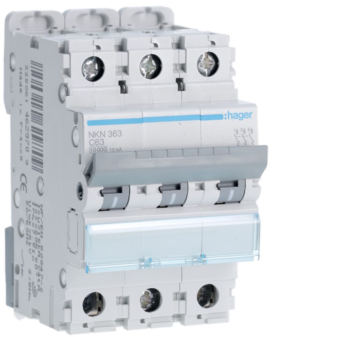 Hager Hager NKN Circuit Breaker, 3P, 63A Curve C, 400V AC, 15 kA Breaking Capacity