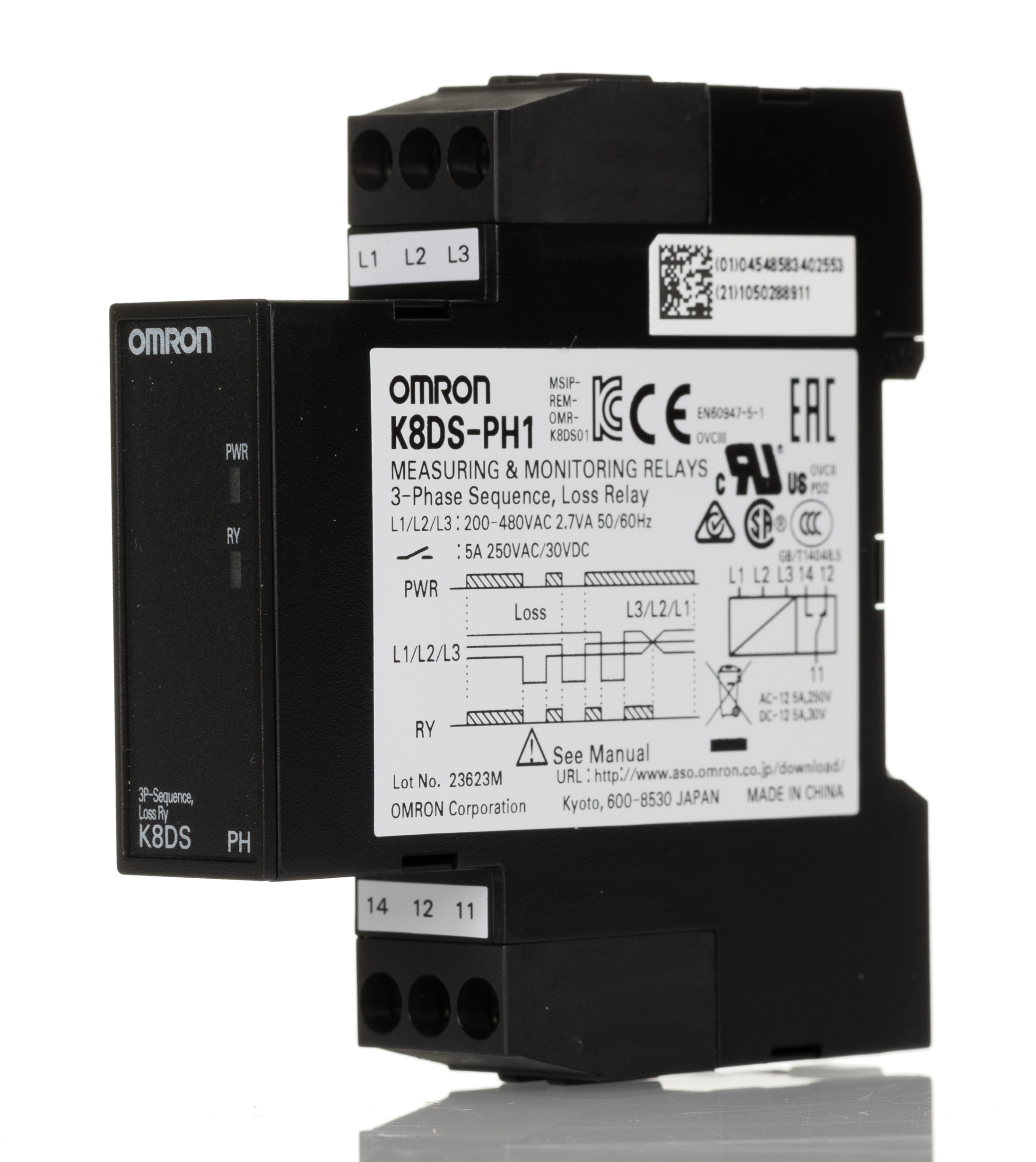 k8ds-ph1 Omron Monitoring Relay, 3 Phase, 200/480 V ac Monitor Range, SPDT, DIN Rail, 200V ac, 480 V ac