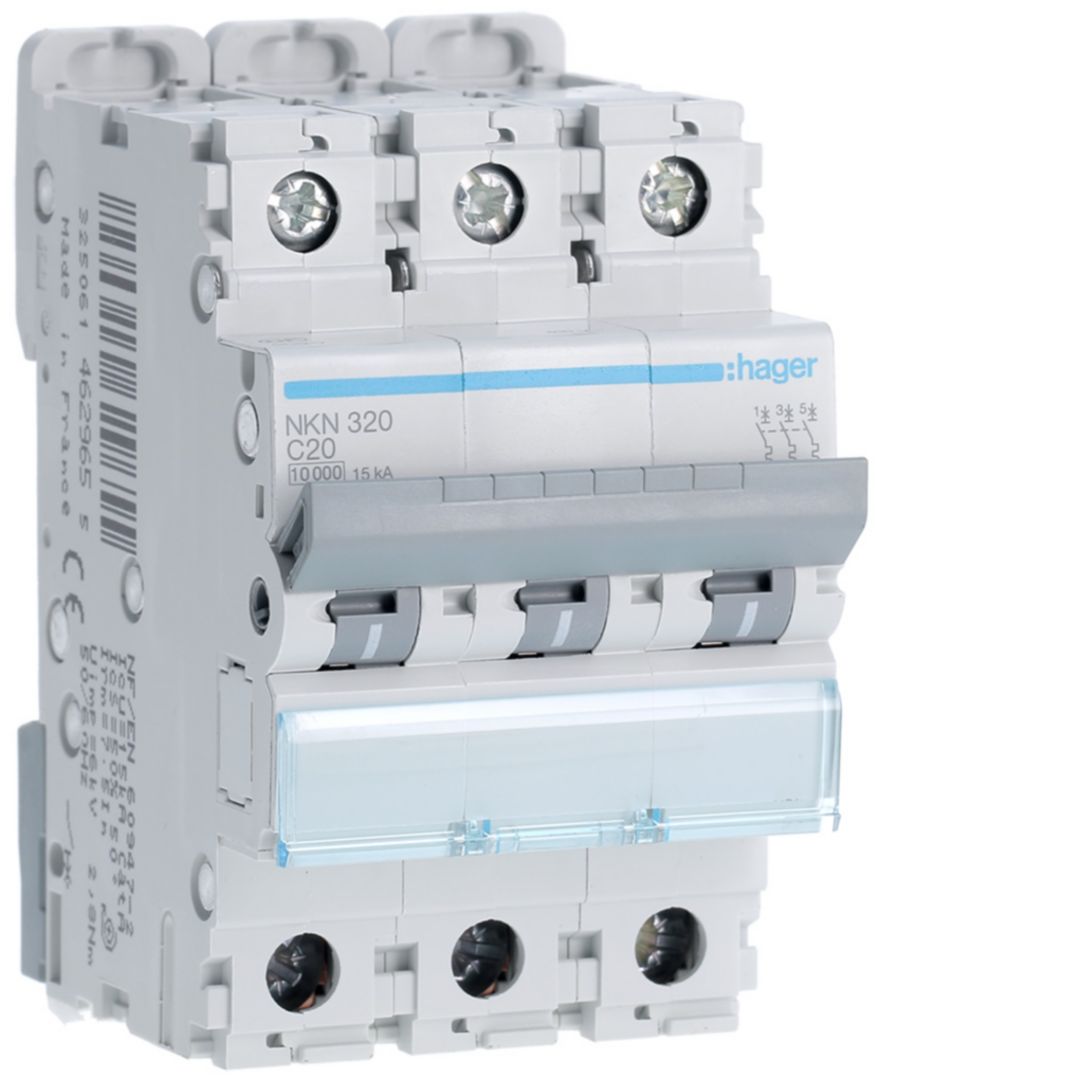 Hager Hager NKN Circuit Breaker, 3P, 20A Curve C, 400V AC, 15 kA Breaking Capacity