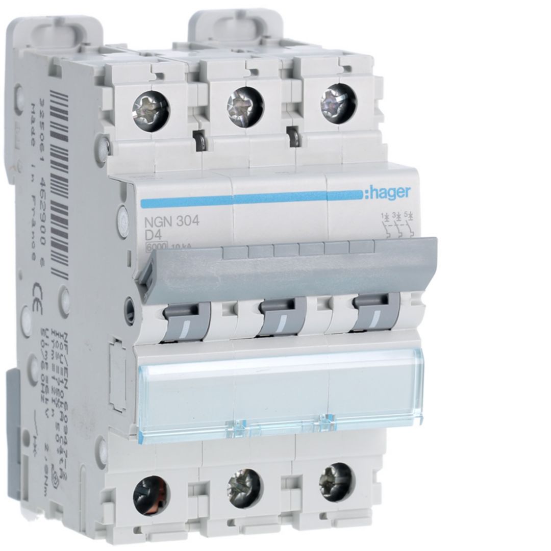 Hager Hager NGN Circuit Breaker, 3P, 4A Curve D, 400V AC, 10 kA Breaking Capacity