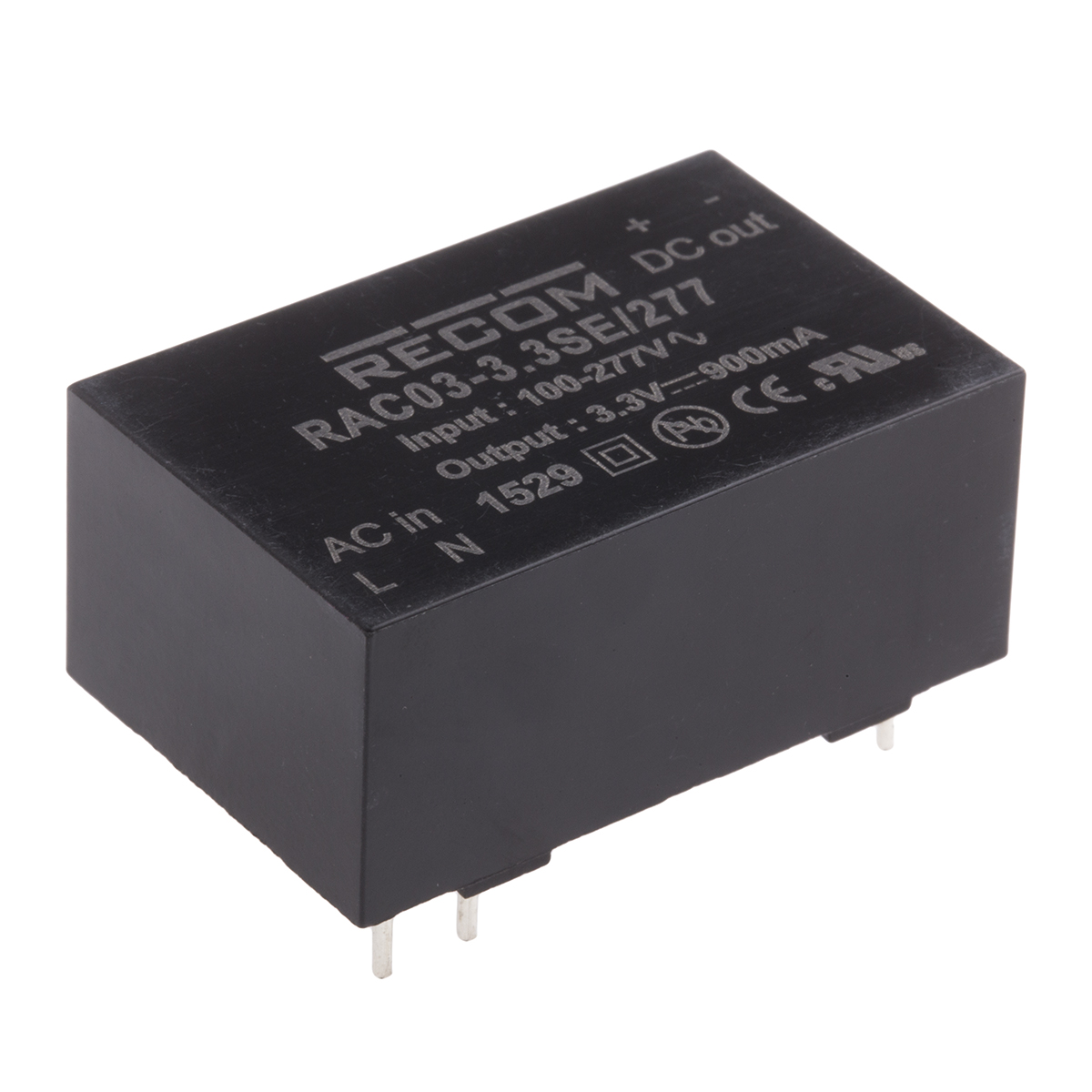 Recom Switching Power Supply, RAC03-3.3SE/277, 3.3V dc, 900mA, 3W, 1 Output, 120 → 430 V dc, 85 → 305 V