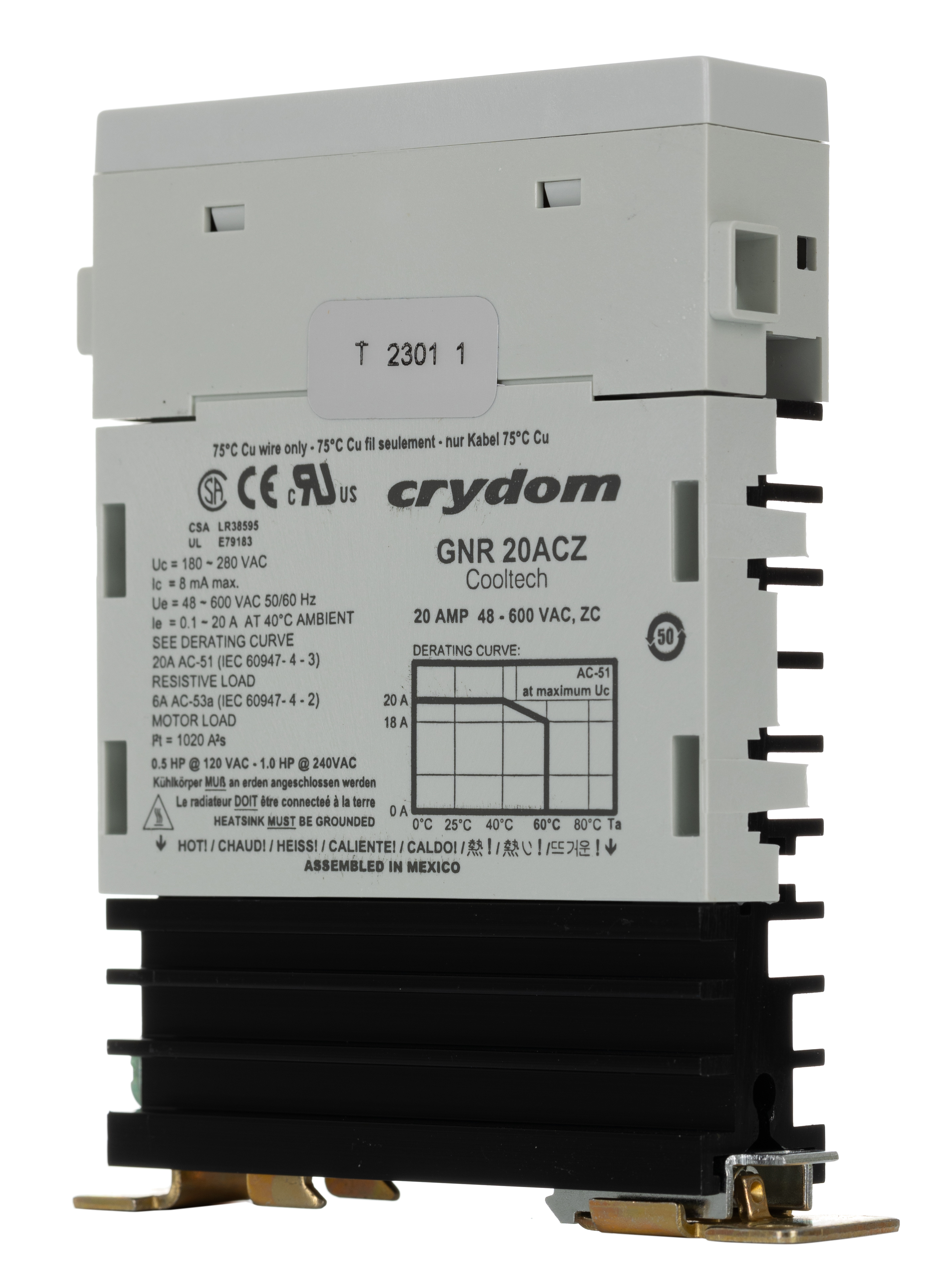 gnr20acz Sensata / Crydom GNR Series Solid State Relay, 20 A rms Load, DIN Rail Mount, 600 V rms Load, 260 V ac Control