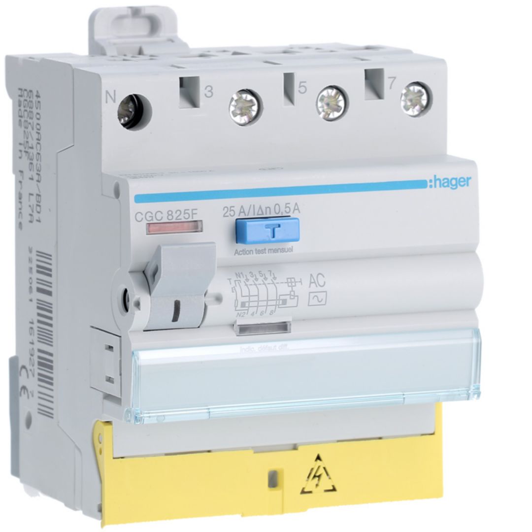Hager CGC RCCB, 25A, 3P+N Pole, 500mA, Type AC, 230 → 400V ac