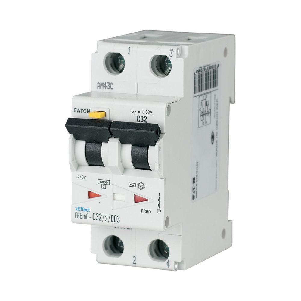 Eaton RCBO, 32A Current Rating, 2P Poles, 30mA Trip Sensitivity, Type A, Type B, FRBm6 Range