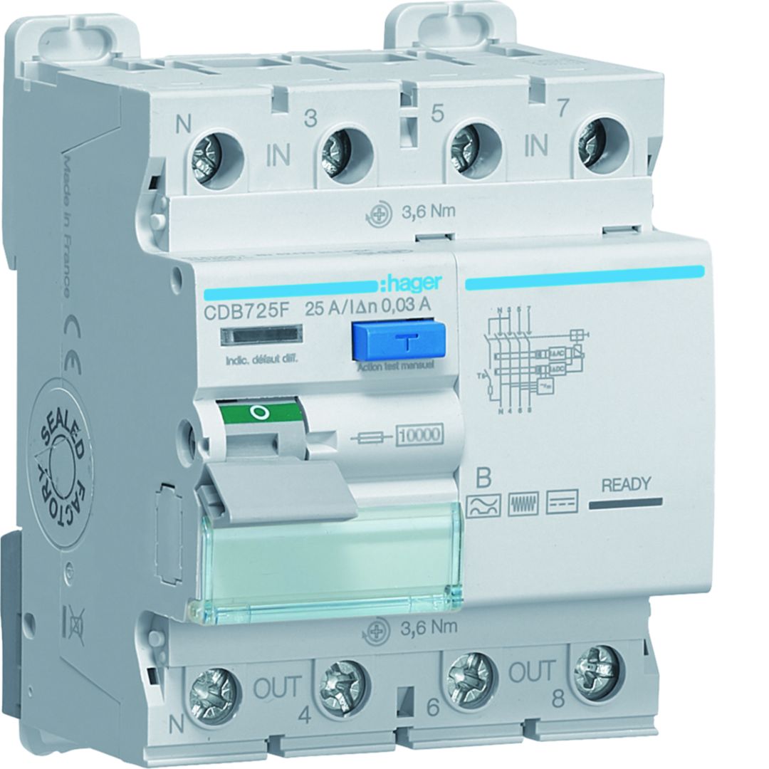 Hager CDB RCD Switch, 25A, 4 Pole, 30mA, Type B, 230 → 400V