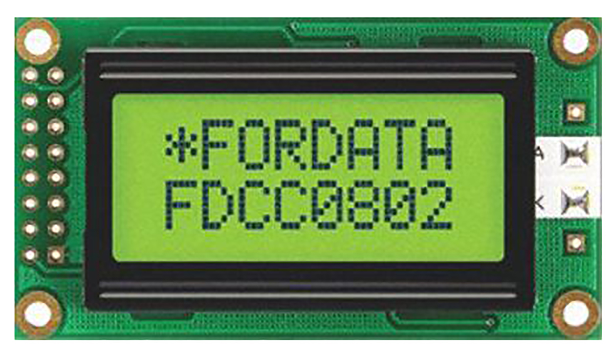 Fordata FC0802B00-FHYYBW-51SE FC Alphanumeric LED LCD Alphanumeric Display, Yellow, Green on Yellow, Green, 2 x 8