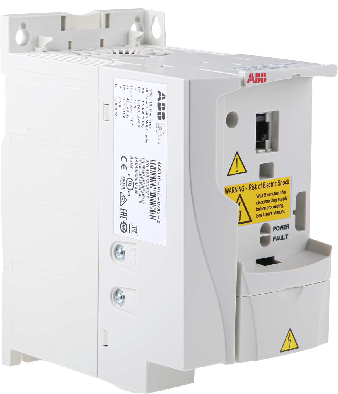 ABB Inverter Drive, 1.5 kW, 1 Phase, 230 V ac, 7.5 A, ACS310 Series