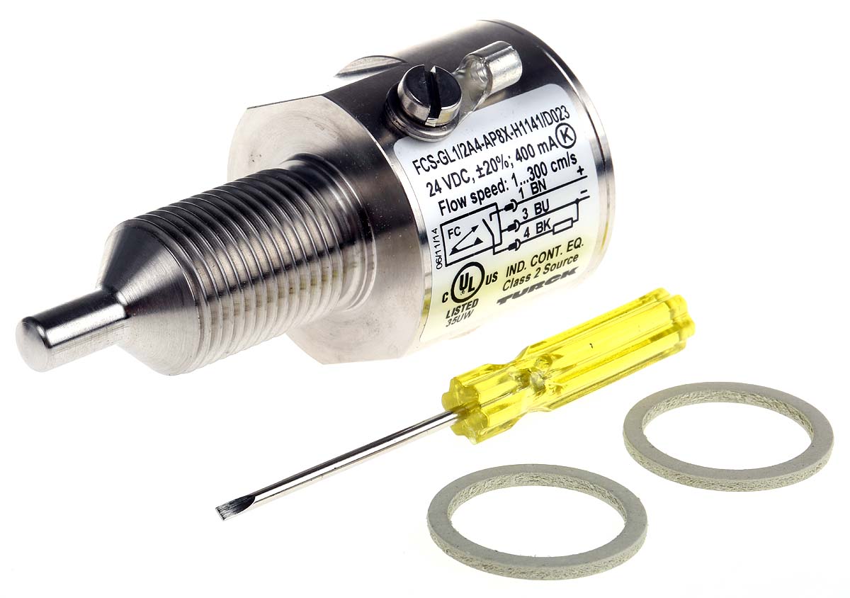 Turck FCS-GL1/2A4-AP8X-H1141/D023 Series, Compact Flow Controller, 300 cm³/s, PNP Output, 0.5 in Pipe 26 V dc