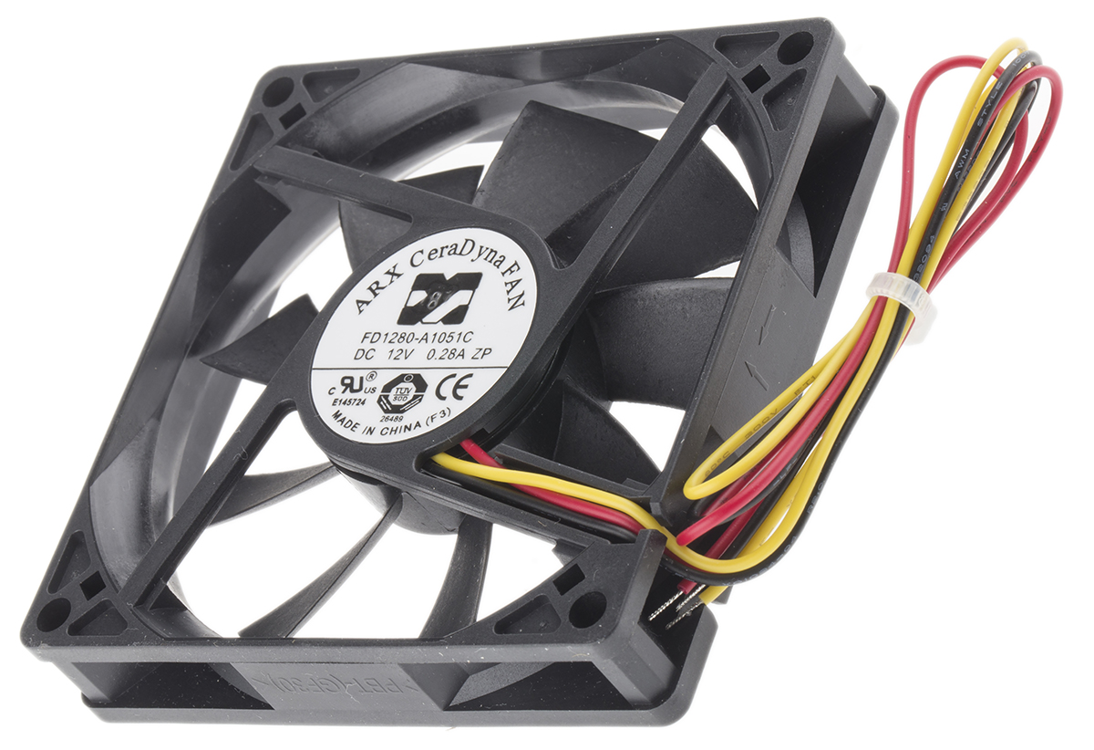 ARX CeraDyna Series Axial Fan, 12V dc, 61 m³/h, 2.52 W, 210 mA Max, IP20 80 mm 80mm 15.3 mm