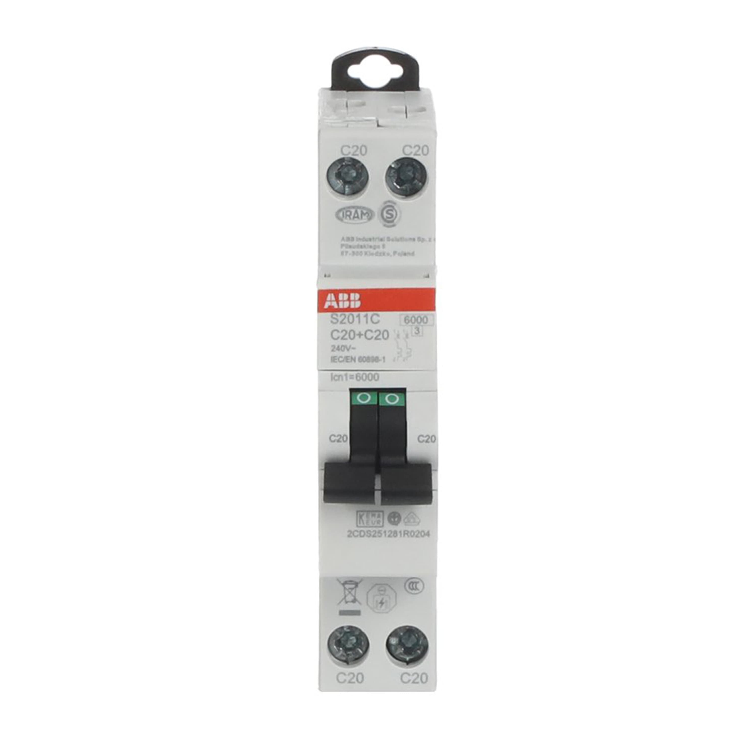 2cds251281r0204 ABB S200C MCB, 2P, 20A Curve C, 240V AC, 6 kA Breaking Capacity