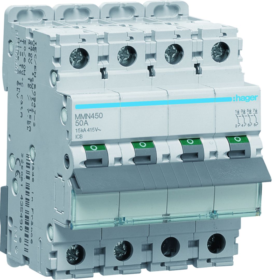 Hager Hager MMN Circuit Breaker, 4P, 50A, Type AC, 415V AC, 15 kA Breaking Capacity