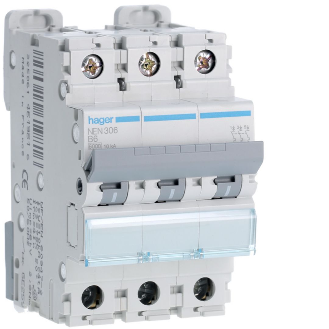 Hager Hager NEN Circuit Breaker, 3P, 6A Curve B, 400V AC, 10 kA Breaking Capacity