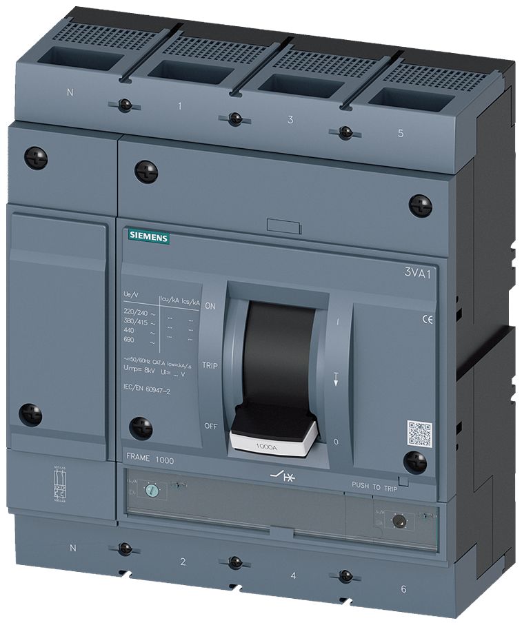 Siemens, SENTRON MCCB Molded Case Circuit Breaker 4P 1kA, Breaking Capacity 70 kA, DIN Rail Mount