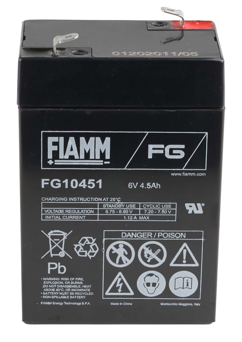 Fiamm 6 V, Faston F1 Sealed Lead Acid Battery, 4.5 Ah, 47mm x 106 mm