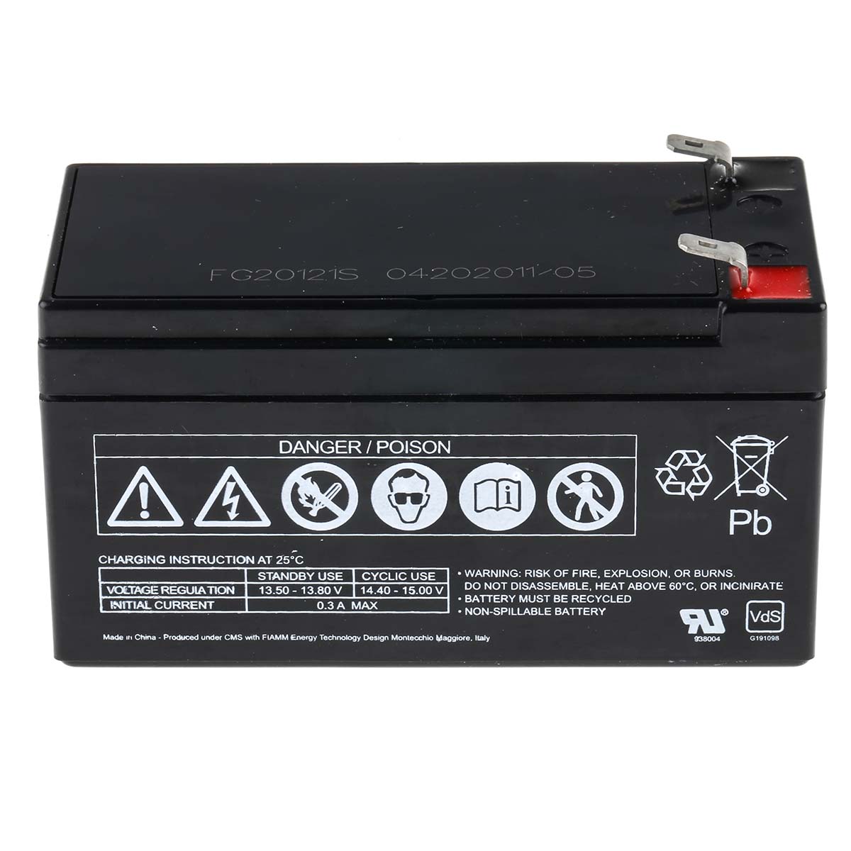 fg20121 Fiamm 12 V, Faston F1 Sealed Lead Acid Battery, 1.2 Ah, 49mm x 57 mm